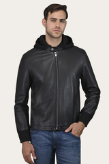 Frye Men’s Black Saddle Racer Leather Hooded Jacket Black