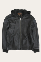 Frye Men’s Black Saddle Racer Leather Hooded Jacket Black