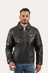 Frye Men’s Dark Brown Kentucky Trucker Leather Jacket Dark Brown