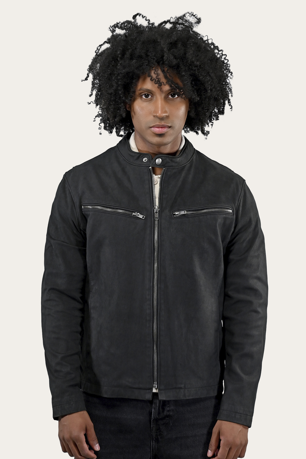 Frye Men’s Black Cattleman Vintage Cafe Racer Leather Jacket Black
