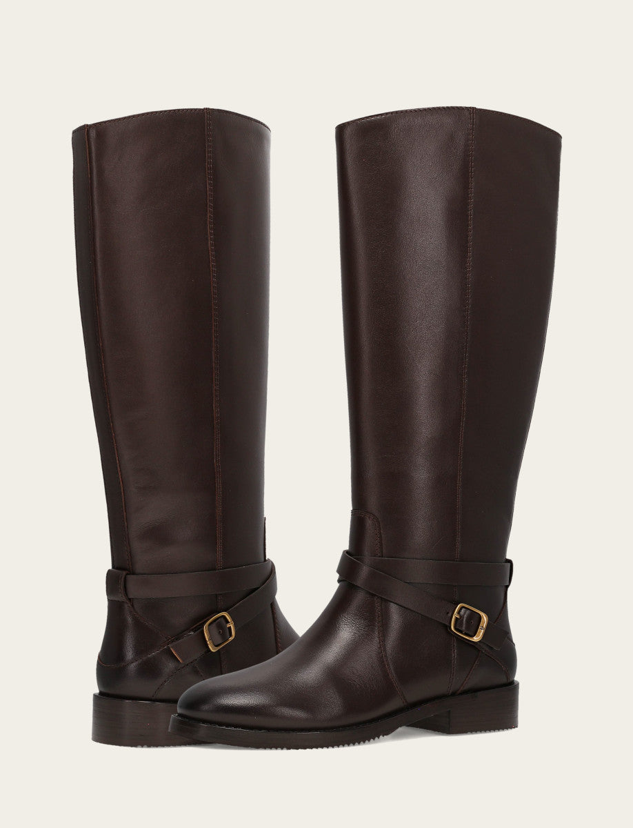 Frye Women's Dark Brown Melissa Belted Riding Wide Calf Boot Dark Brown