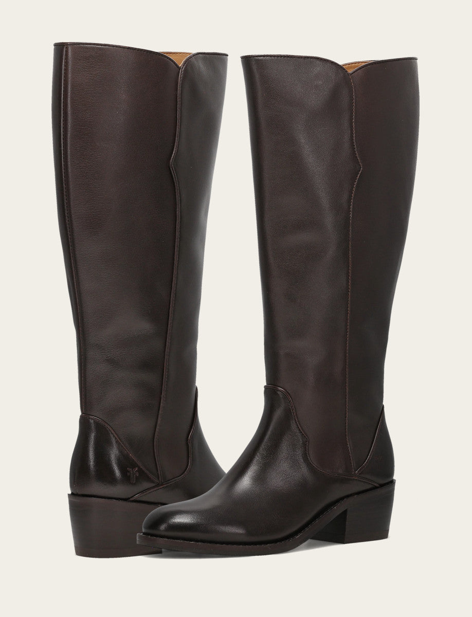 Frye Women's Dark Brown Carson 2 Piping Tall Wide Calf Boot Dark Brown