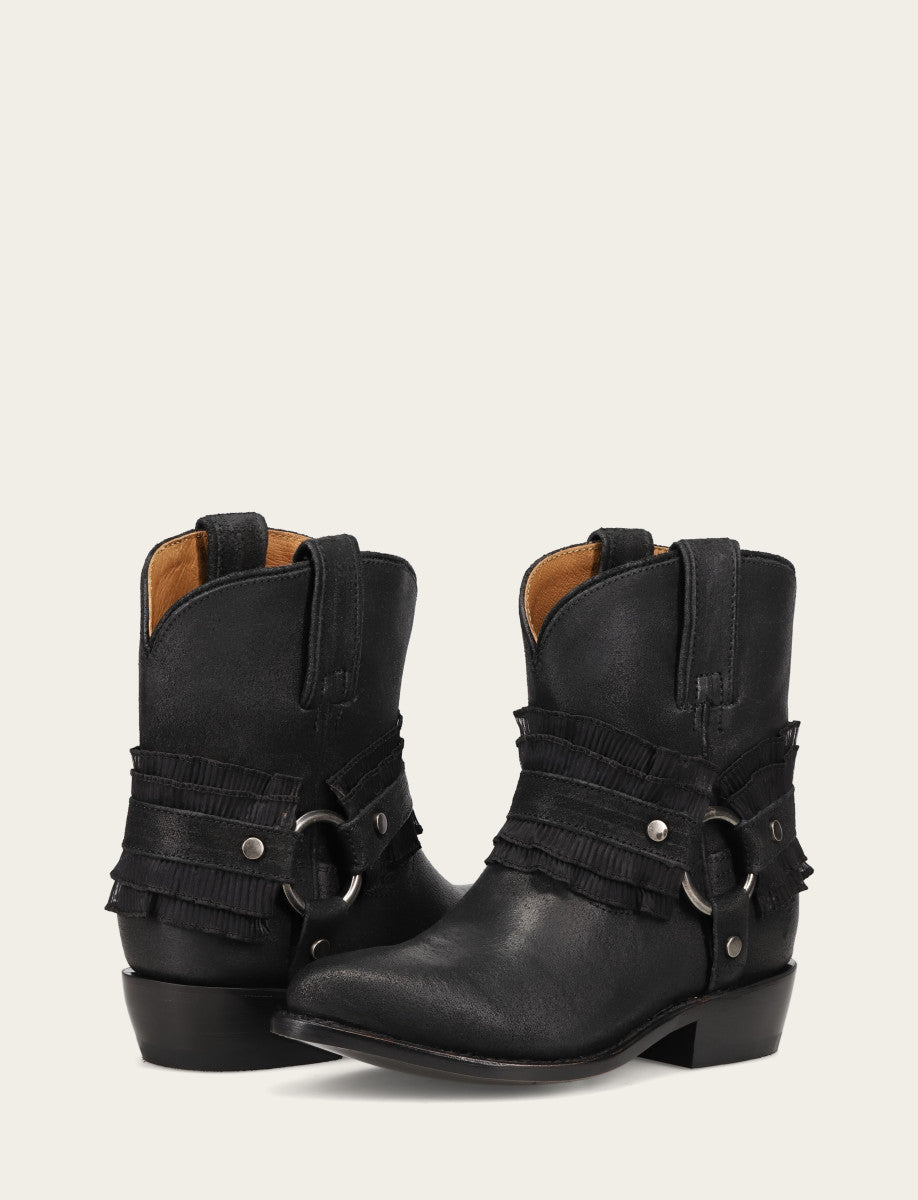 Frye Women's Black Billy Harness Ruffle Boots Black