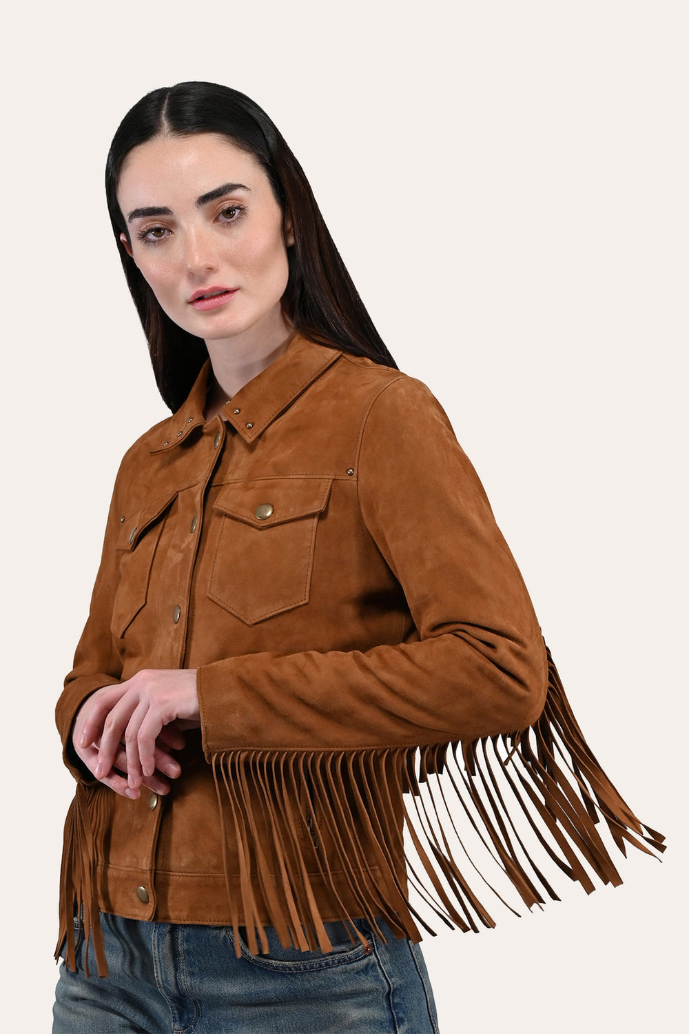 Frye Women’s Medium Brown Nash Fringed Suede Trucker Jacket Medium Brown