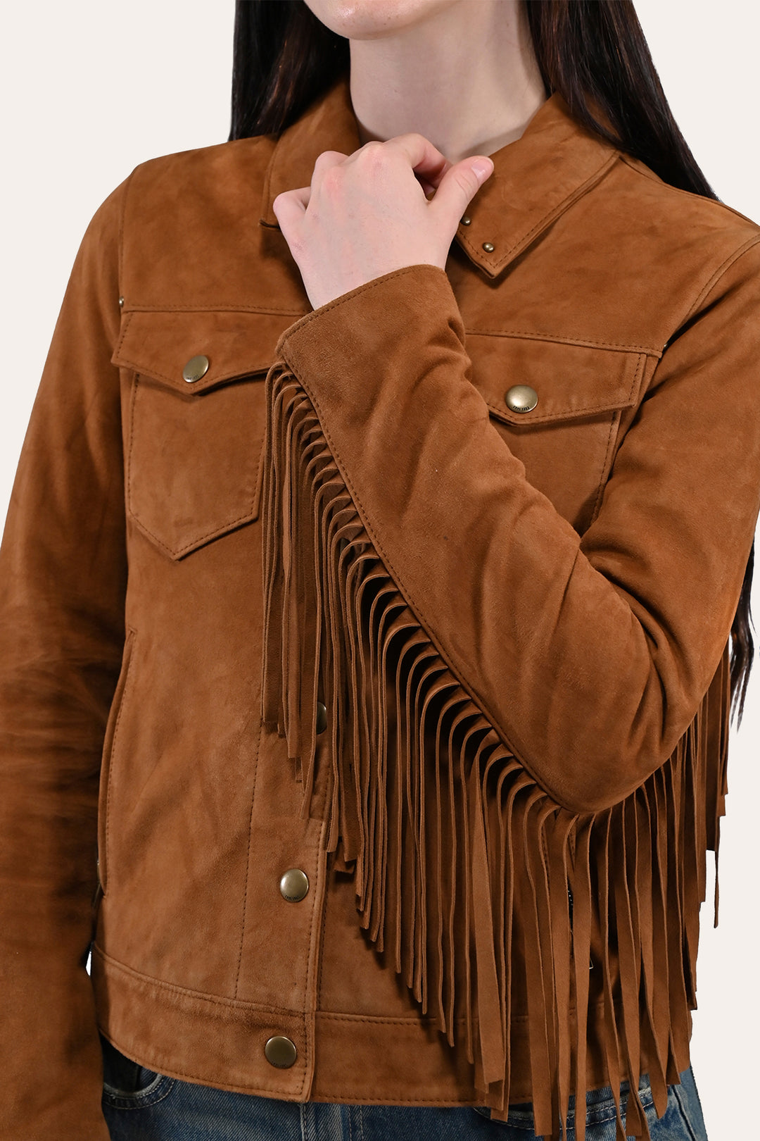 Frye Women’s Medium Brown Nash Fringed Suede Trucker Jacket Medium Brown