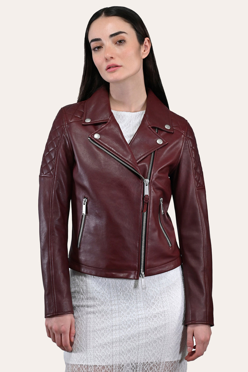 Frye Women’s Oxblood Oklahoma Nappa Leather Biker Jacket Oxblood