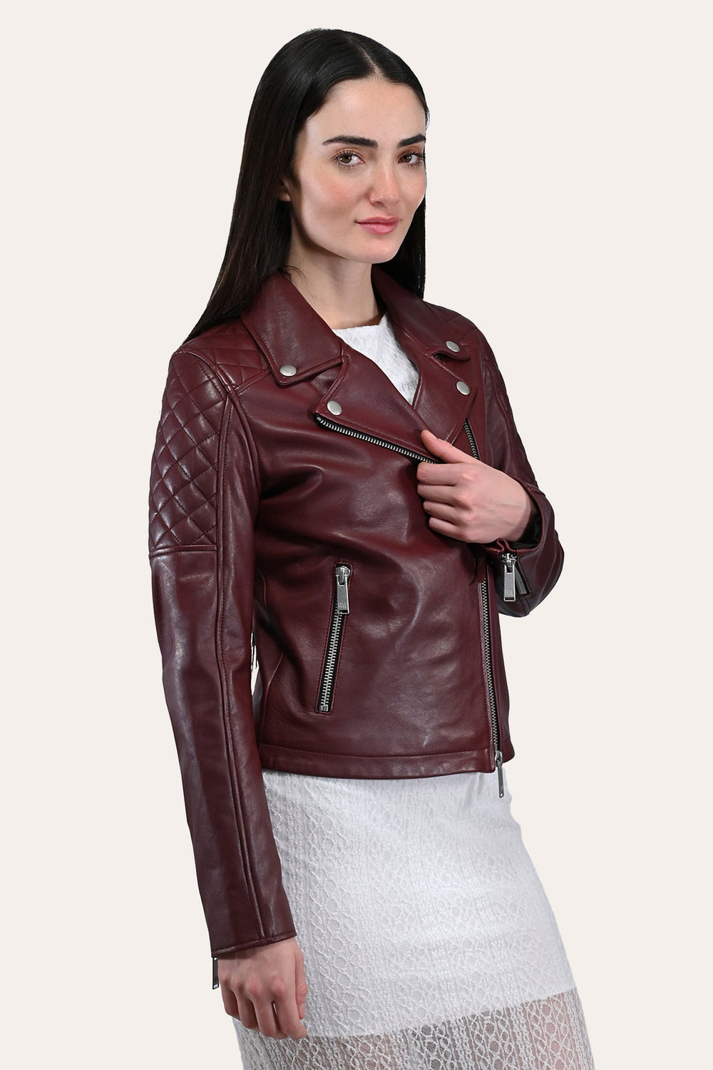 Frye Women’s Oxblood Oklahoma Nappa Leather Biker Jacket Oxblood