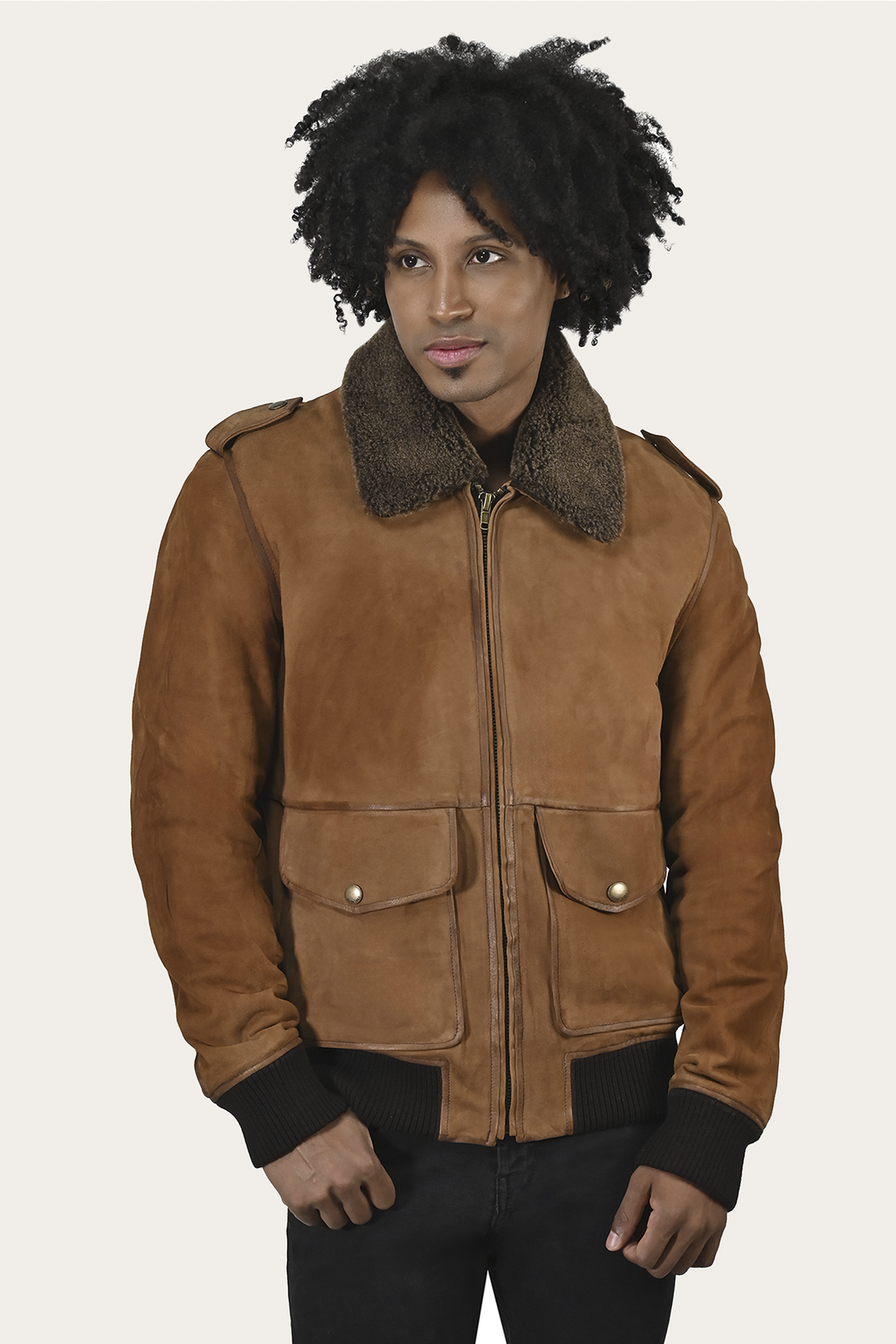Frye Men’s Middle Brown Jethro Shearling Flight Suede Jacket Middle Brown