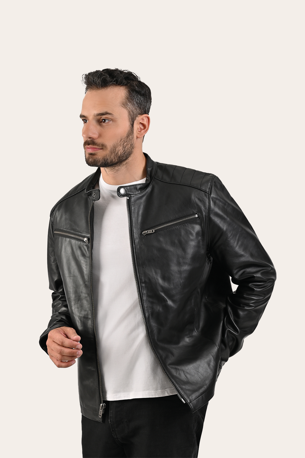 Frye Men’s Black Pioneer Racer Leather Jacket Black