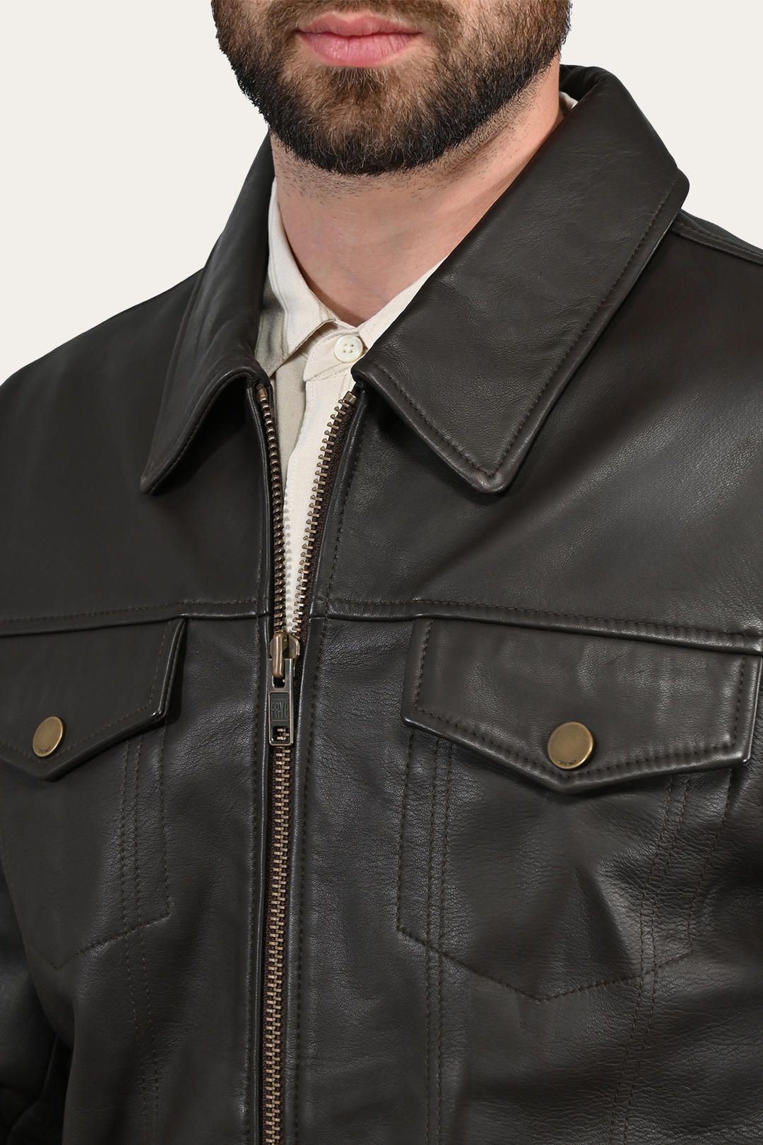 Frye Men’s Dark Brown Durango Trucker Leather Jacket Dark Brown