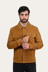 Frye Men’s Tan Trailblazer Trucker Suede Jacket Tan