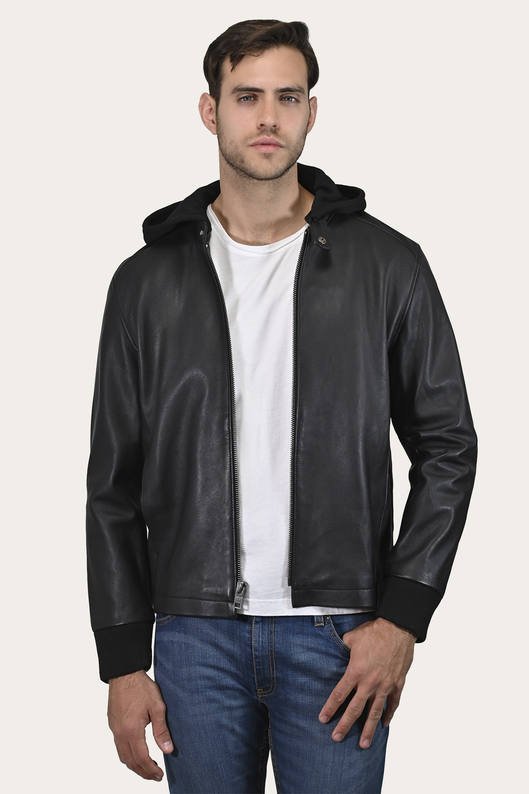 Frye Men’s Black Saddle Racer Leather Hooded Jacket Black