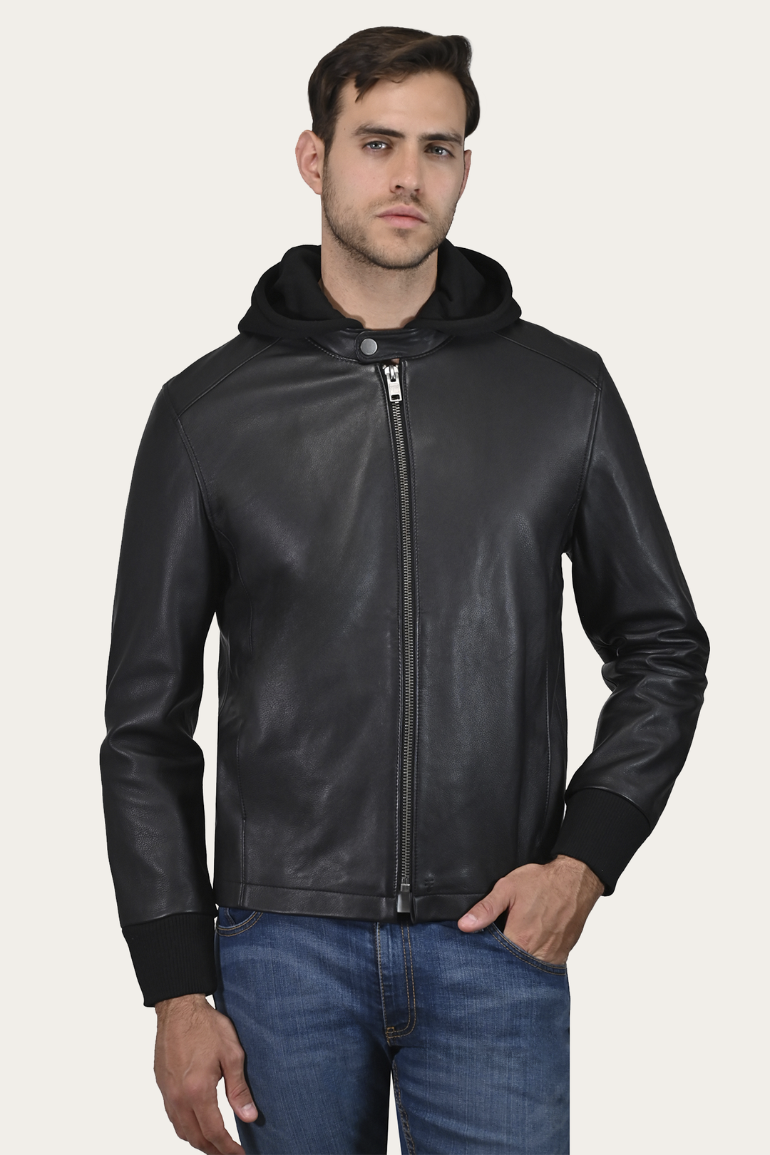 Frye Men’s Black Saddle Racer Leather Hooded Jacket Black