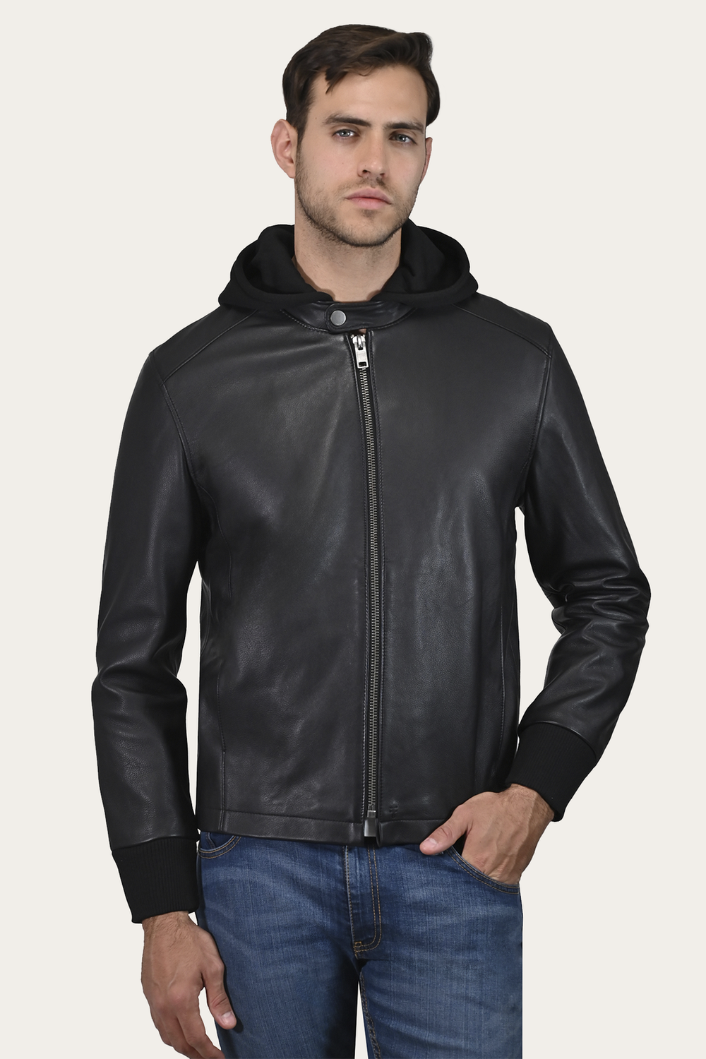 Frye Men’s Black Saddle Racer Leather Hooded Jacket Black