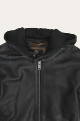 Frye Men’s Black Saddle Racer Leather Hooded Jacket Black