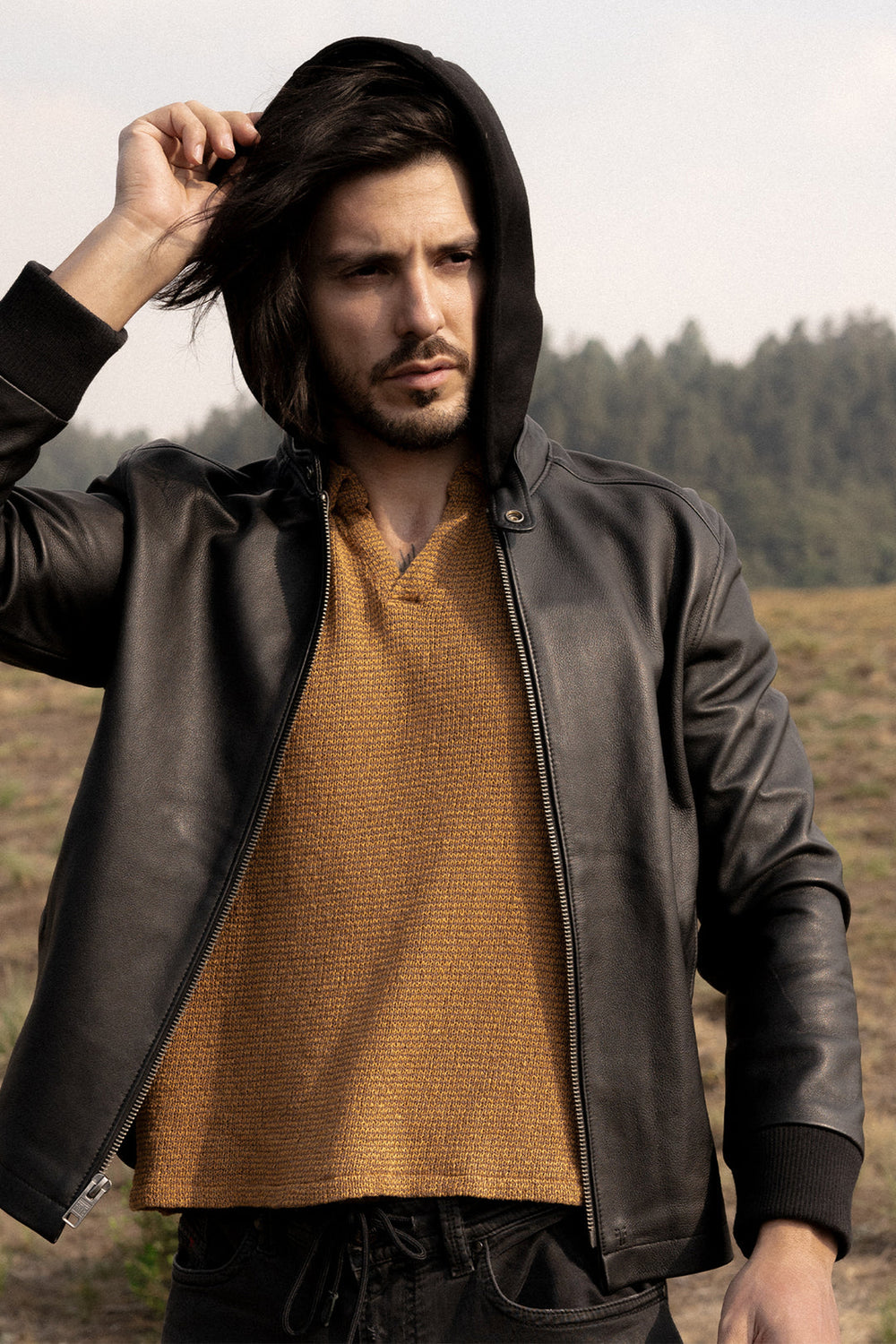 Frye Men’s Black Saddle Racer Leather Hooded Jacket Black