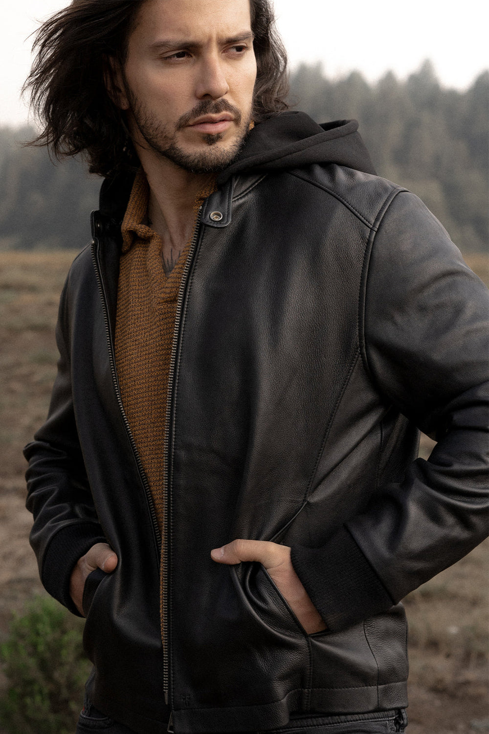 Frye Men’s Black Saddle Racer Leather Hooded Jacket Black