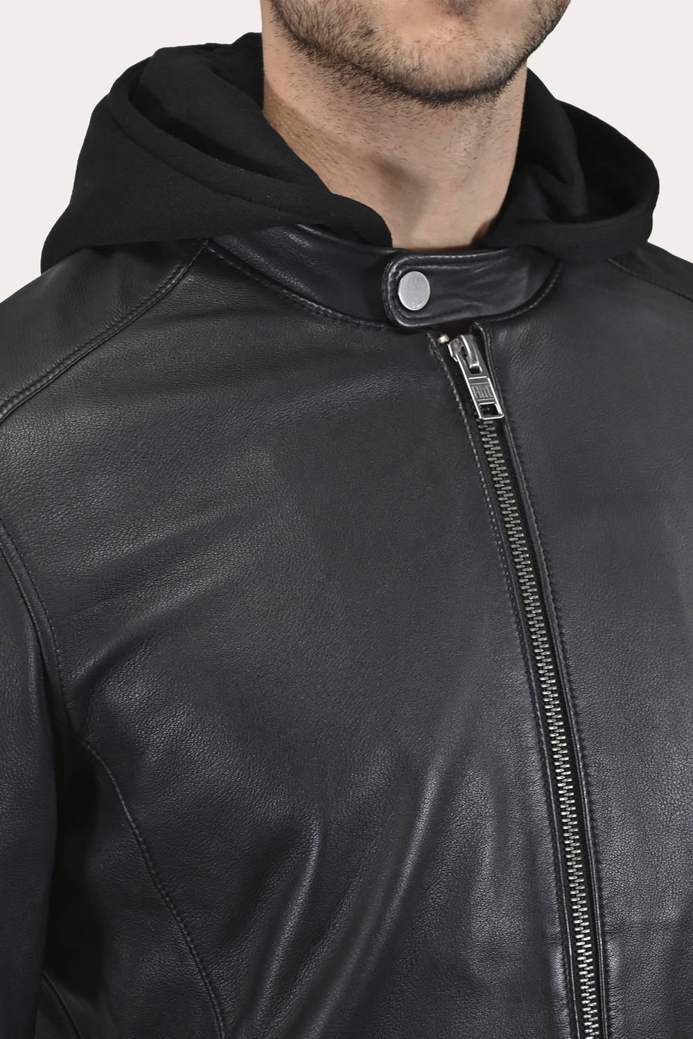 Frye Men’s Black Saddle Racer Leather Hooded Jacket Black