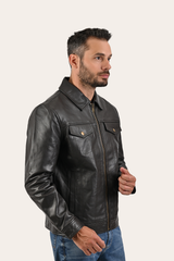Frye Men’s Dark Brown Kentucky Trucker Leather Jacket Dark Brown