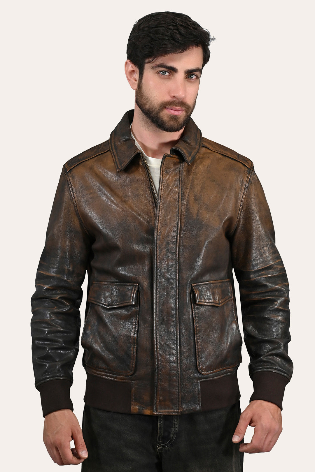 Frye Men’s Brown Beige Nebraska Bomber Leather Jacket Brown/Beige