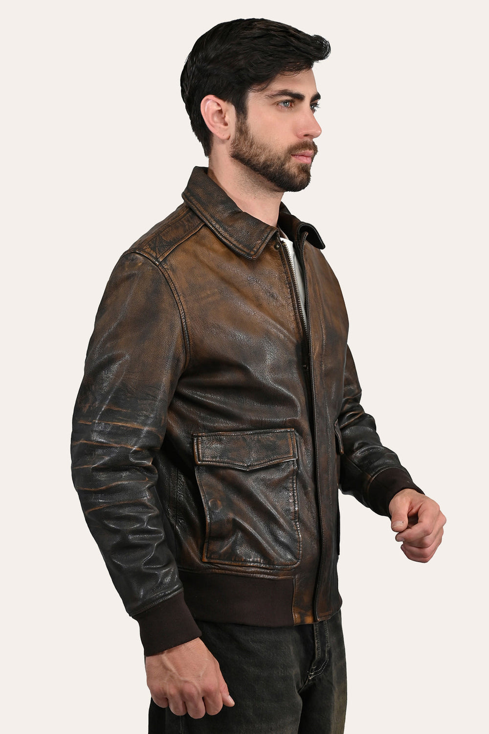 Frye Men’s Brown Beige Nebraska Bomber Leather Jacket Brown/Beige