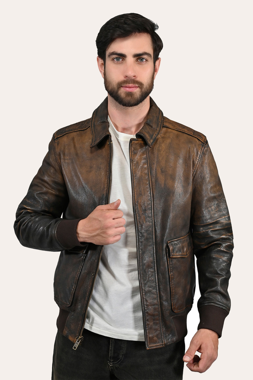 Frye Men’s Brown Beige Nebraska Bomber Leather Jacket Brown/Beige